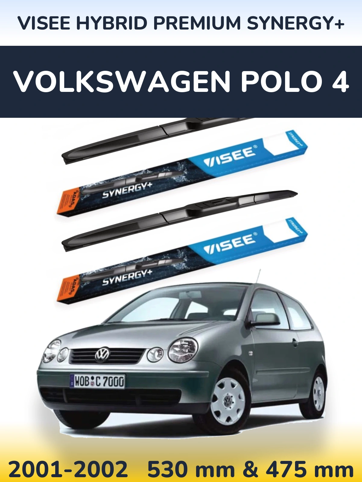 Front wiper blade set VISEE HYBRID PREMIUM SYNERGY+ 530 & 475 mm for Volkswagen Polo 4 2001-2002
