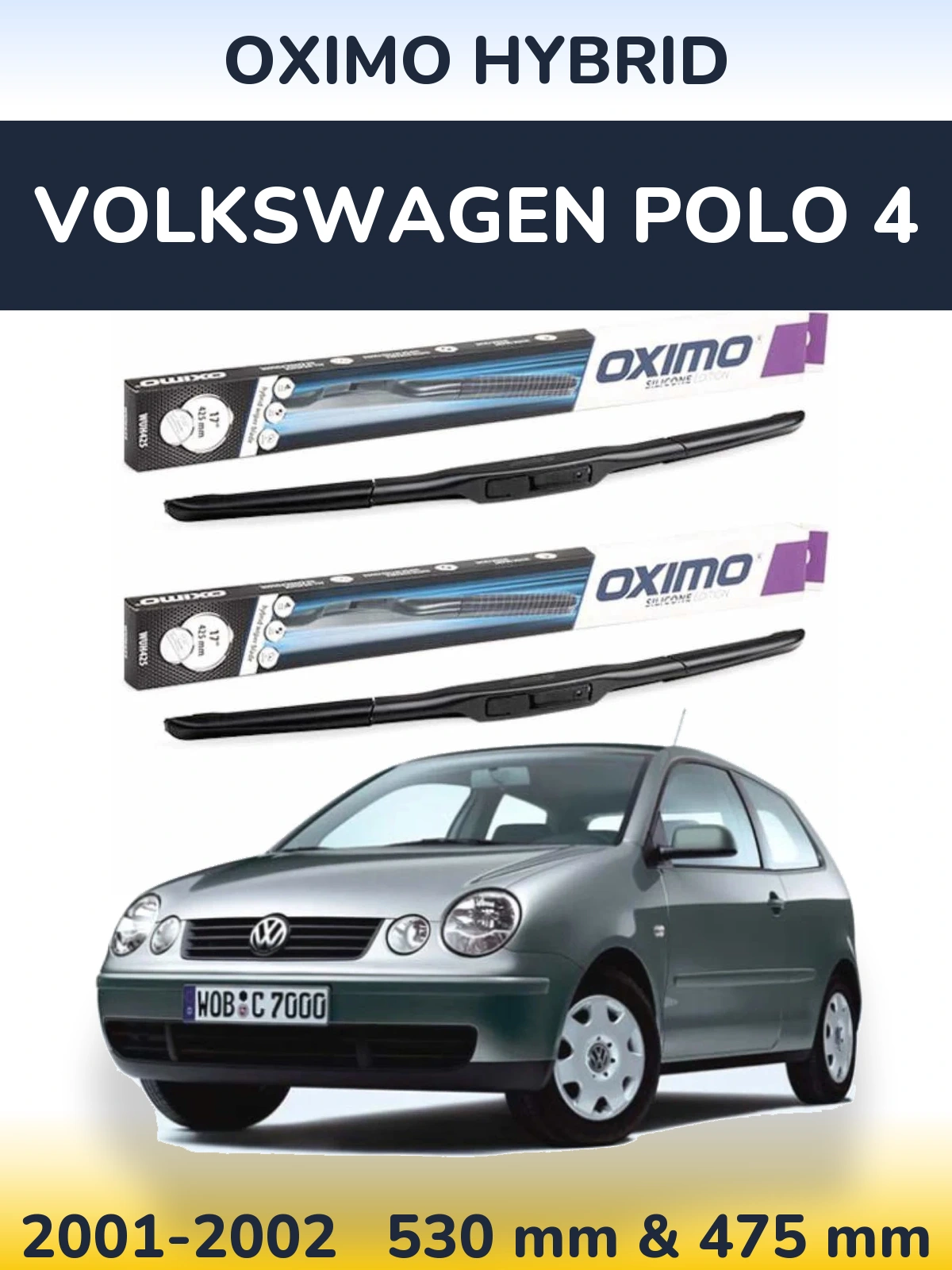Front wiper blade set Oximo Hybrid 530 & 475 mm for Volkswagen Polo 4 2001-2002