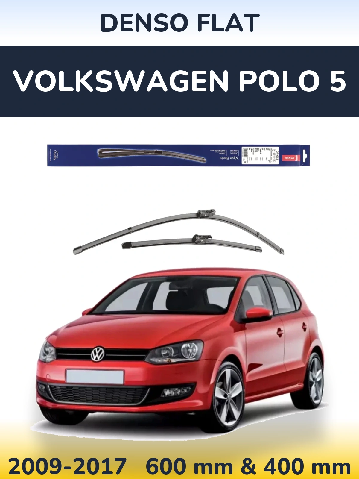 Front wiper blade set Denso Flat 600 & 380 mm for Volkswagen Polo 5 2009-2017