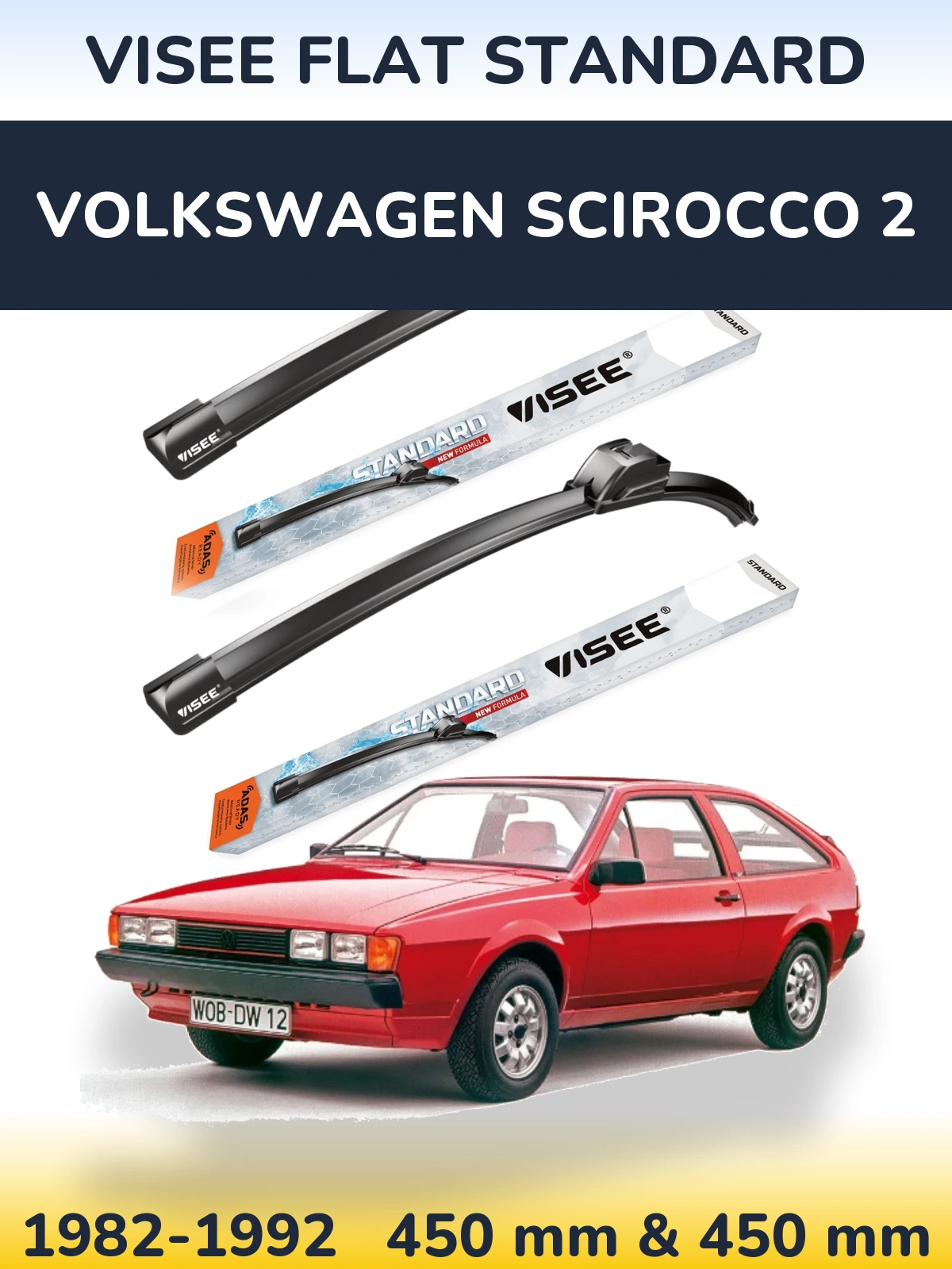 Front wiper blade set VISEE FLAT STANDARD 450 & 450 mm for Volkswagen Scirocco 2 1982-1992