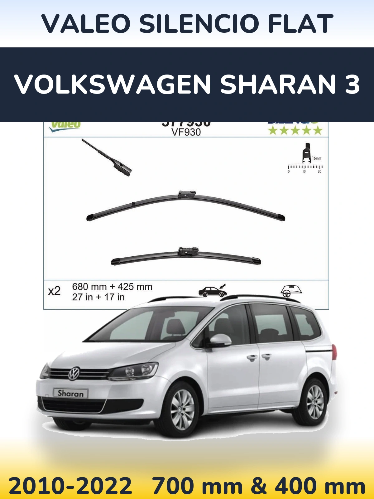 Комплект передних дворников Valeo Silencio Flat 680 & 400 мм для Volkswagen Sharan 3 2010-2022