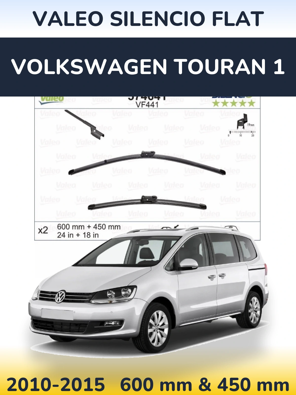 Front wiper blade set Valeo Silencio Flat 600 & 450 mm for Volkswagen Touran 1 2010-2015