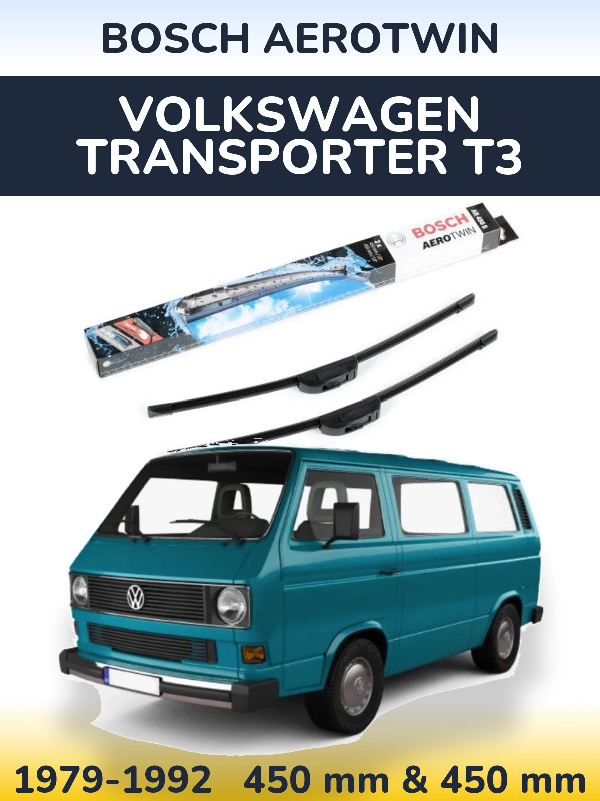 Front wiper blade set BOSCH AeroTwin 450 & 450 mm for Volkswagen Transporter T3 1979-1992