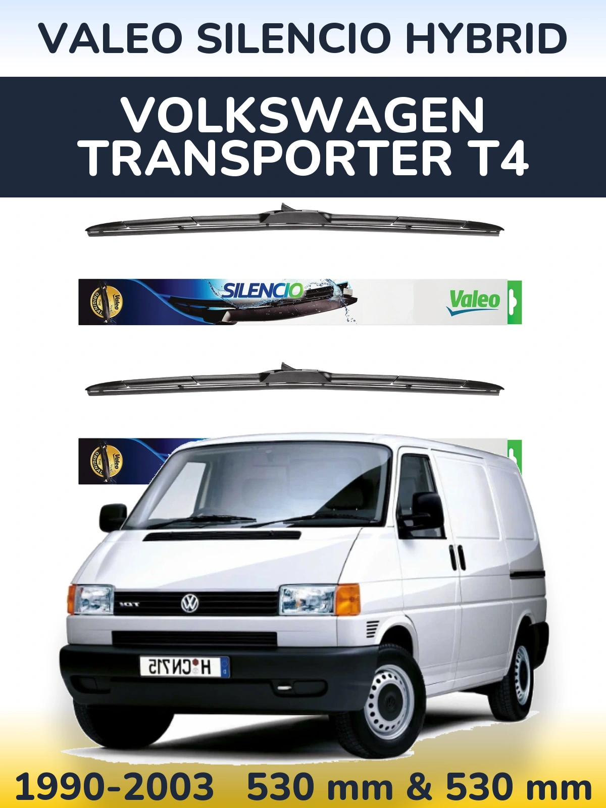 Front wiper blade set Valeo Silencio Hybrid 530 & 530 mm for Volkswagen Transporter T4 1990-2003