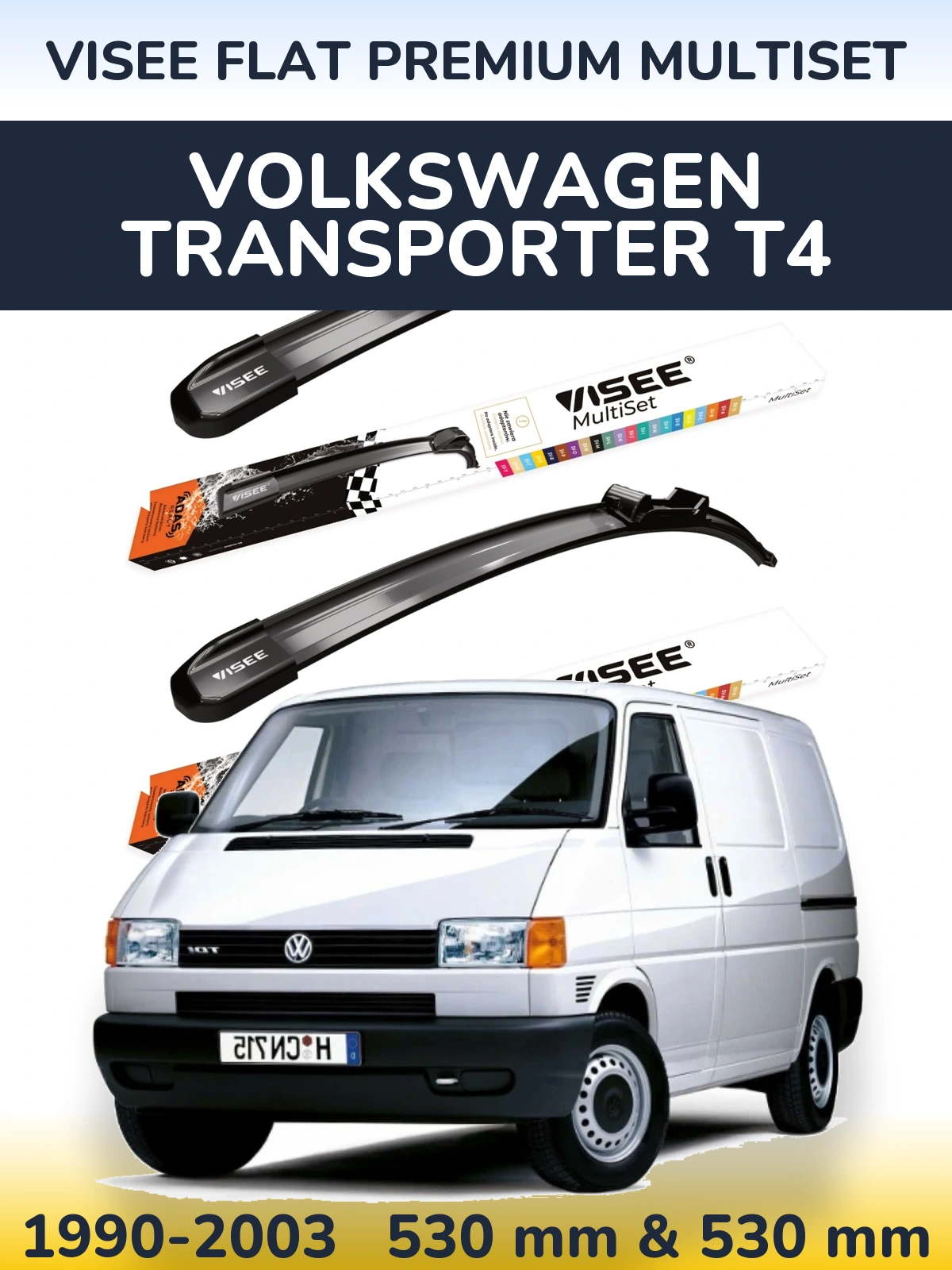 Front wiper blade set VISEE FLAT PREMIUM MultiSet 530 & 530 mm for Volkswagen Transporter T4 1990-2003