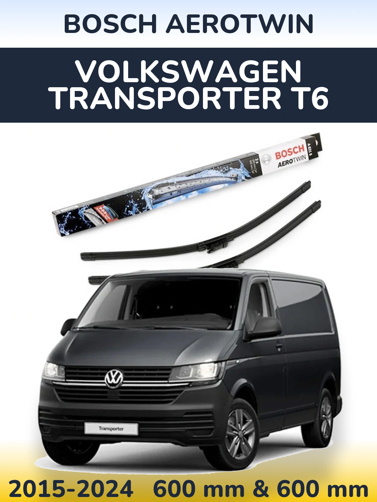 Front wiper blade set BOSCH AeroTwin 600 & 600 mm for Volkswagen Transporter T6 2015-2024