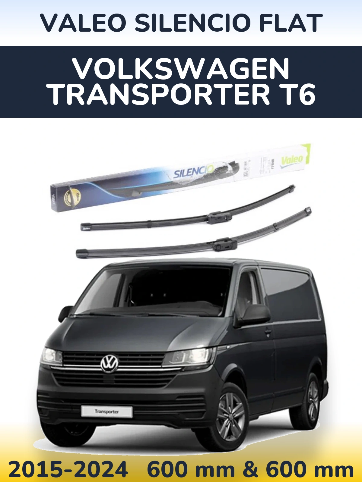 Front wiper blade set Valeo Silencio Flat 600 & 600 mm for Volkswagen Transporter T6 2015-2024