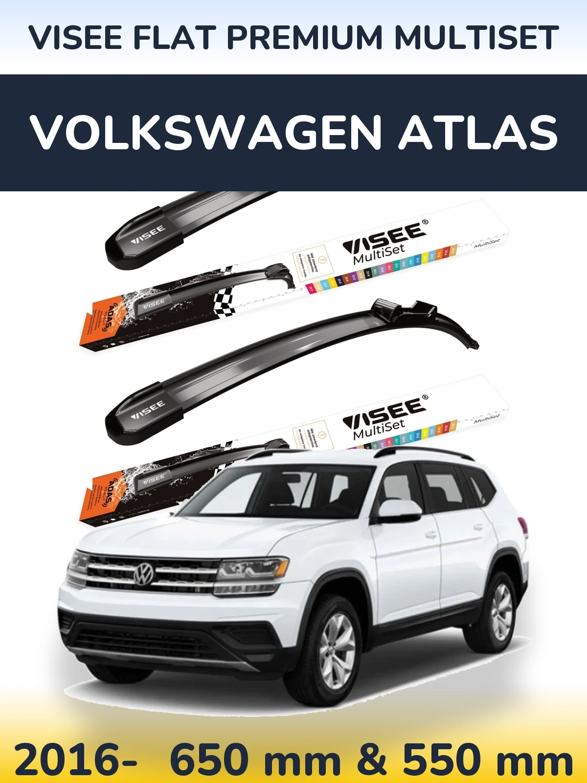 Front wiper blade set VISEE FLAT PREMIUM MultiSet 650 & 550 mm for Volkswagen Atlas 2016-2026