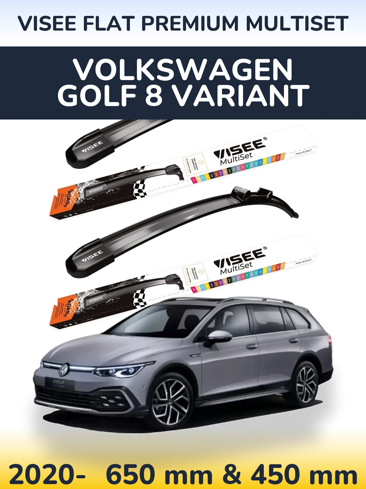 Комплект передних дворников VISEE FLAT PREMIUM MultiSet 650 & 450 мм для Volkswagen Golf 8 Variant 2020-2026