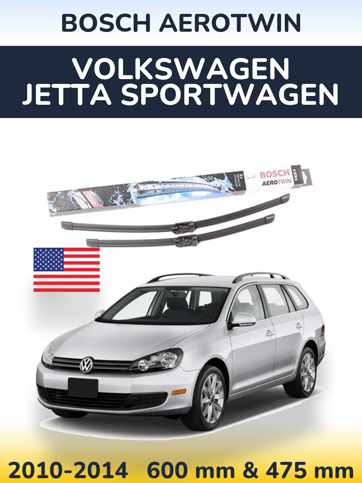 Front wiper blade set BOSCH AeroTwin 600 & 475 mm for Volkswagen Jetta SportWagen 2010-2014