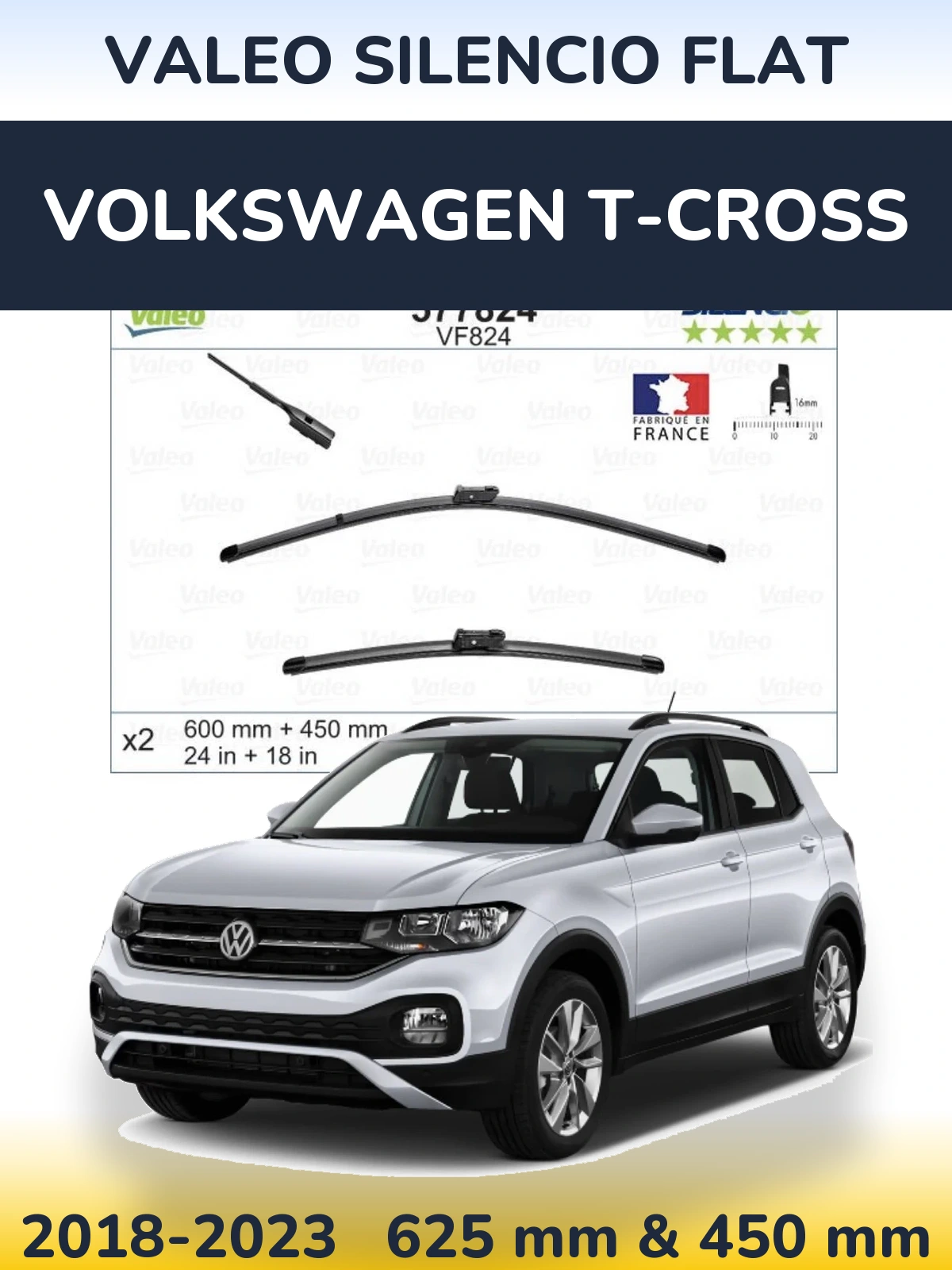 Front wiper blade set Valeo Silencio Flat 600 & 450 mm for Volkswagen T-Cross 2018-2023