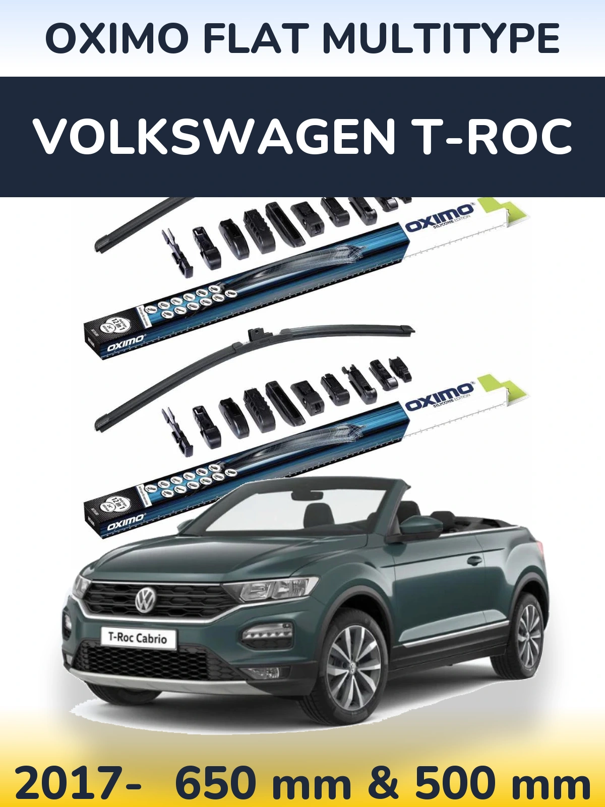 Front wiper blade set Oximo Flat MultiTypee 650 & 500 mm for Volkswagen T-Roc 2017-2026