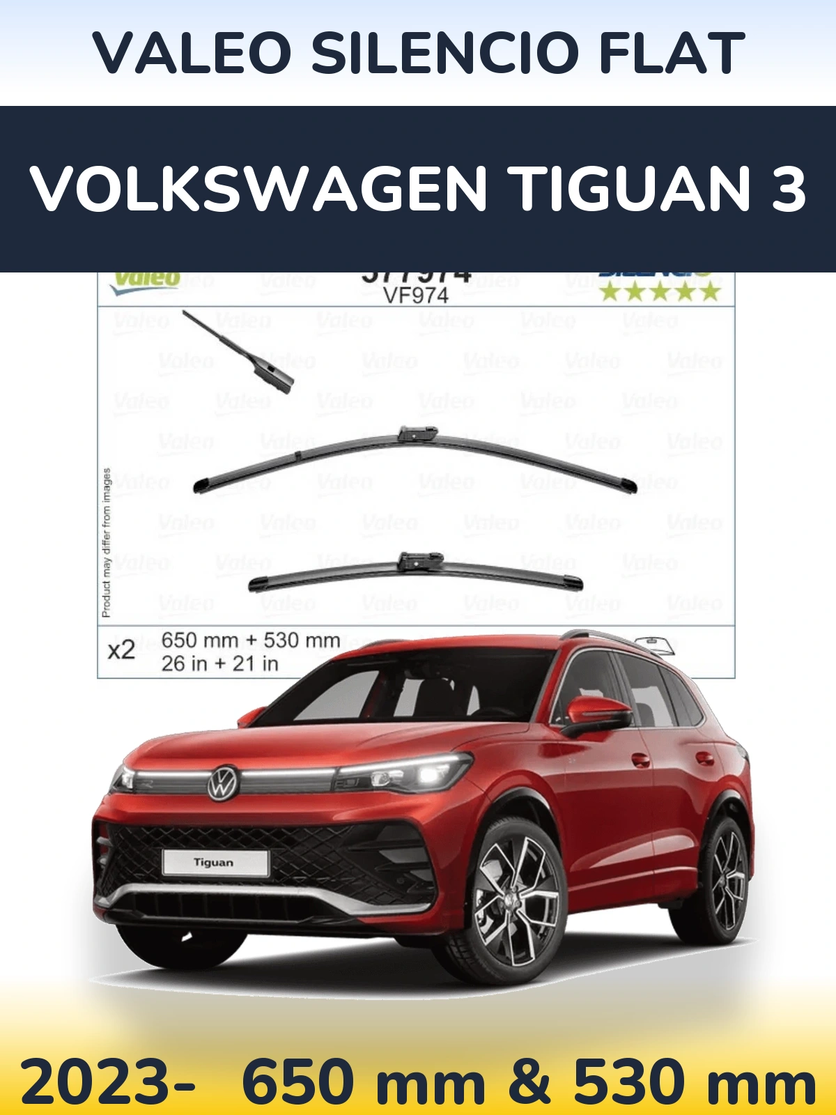 Front wiper blade set Valeo Silencio Flat 650 & 530 mm for Volkswagen Tiguan 3 2023-2026
