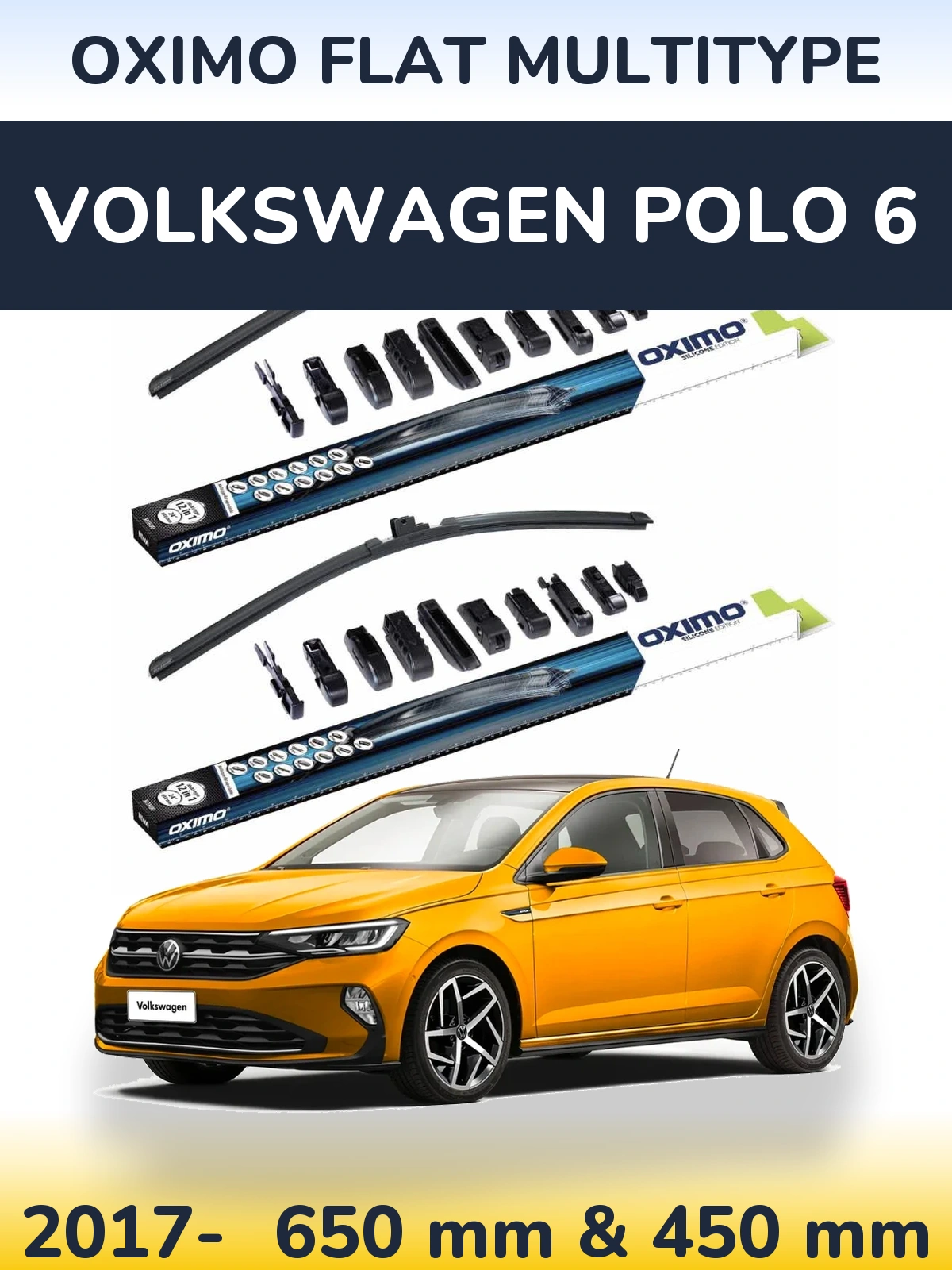 Комплект передніх щіток Oximo Flat MultiТипe 650 & 450 мм для Volkswagen Polo 6 2017-2026