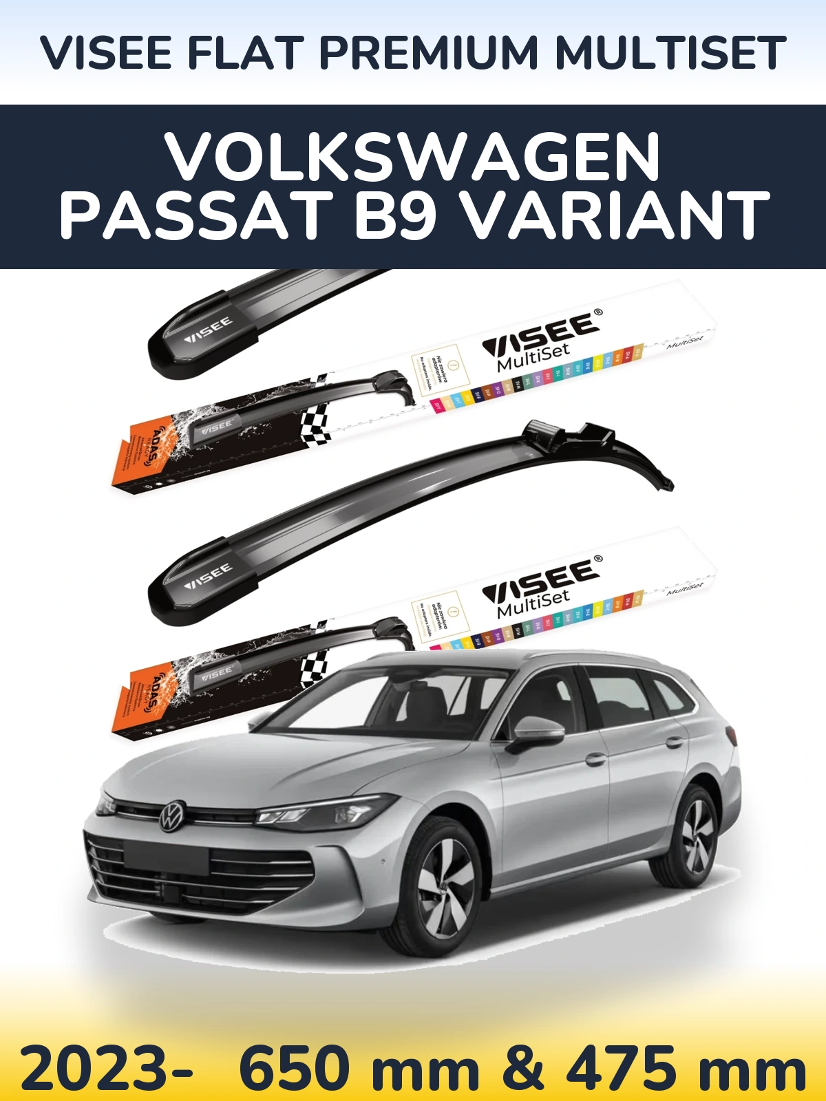 Комплект передних дворников VISEE FLAT PREMIUM MultiSet 650 & 475 мм для Volkswagen Passat B9 Variant 2023-2026