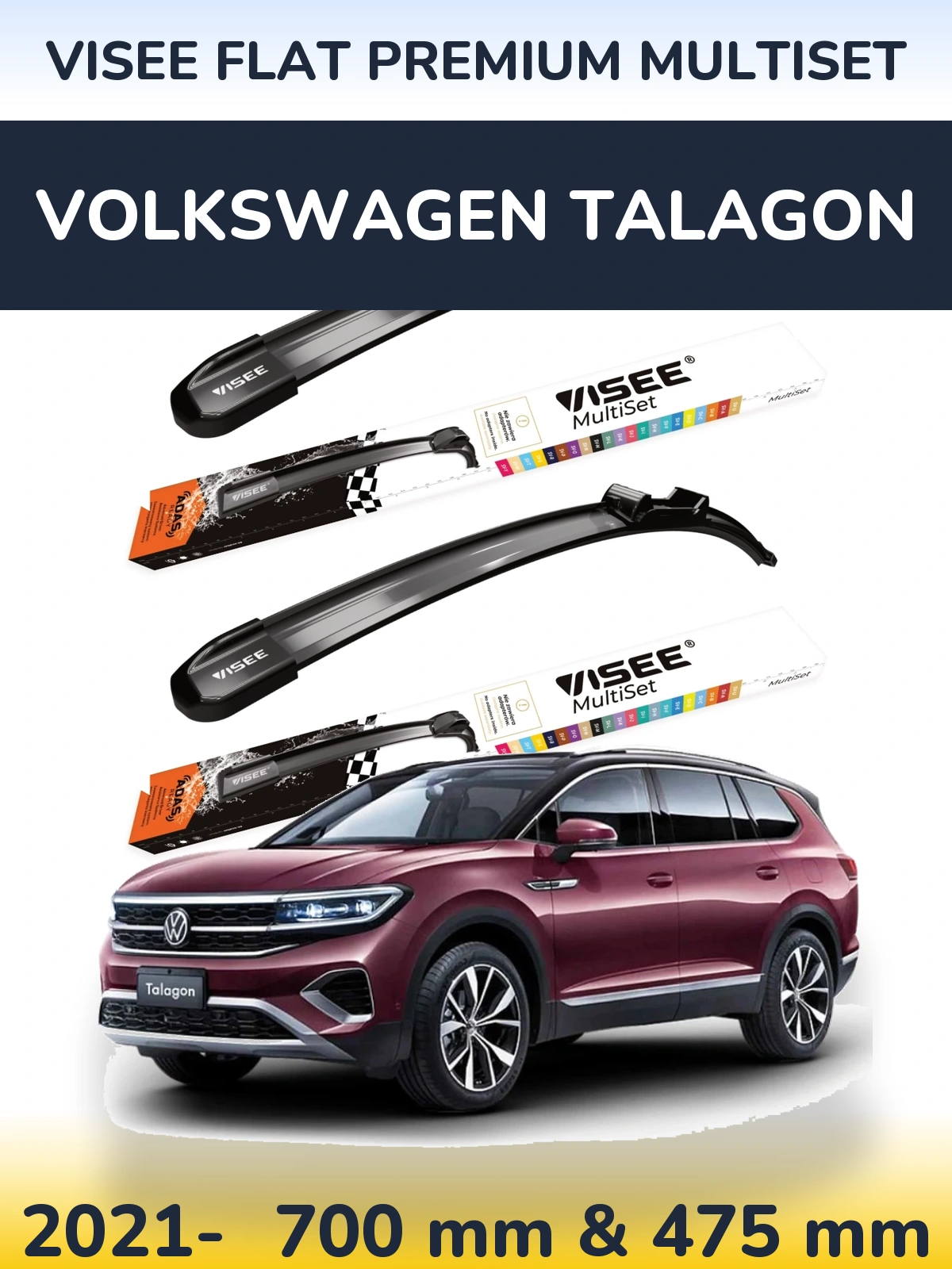 Front wiper blade set VISEE FLAT PREMIUM MultiSet 700 & 475 mm for Volkswagen Talagon 2021-2026