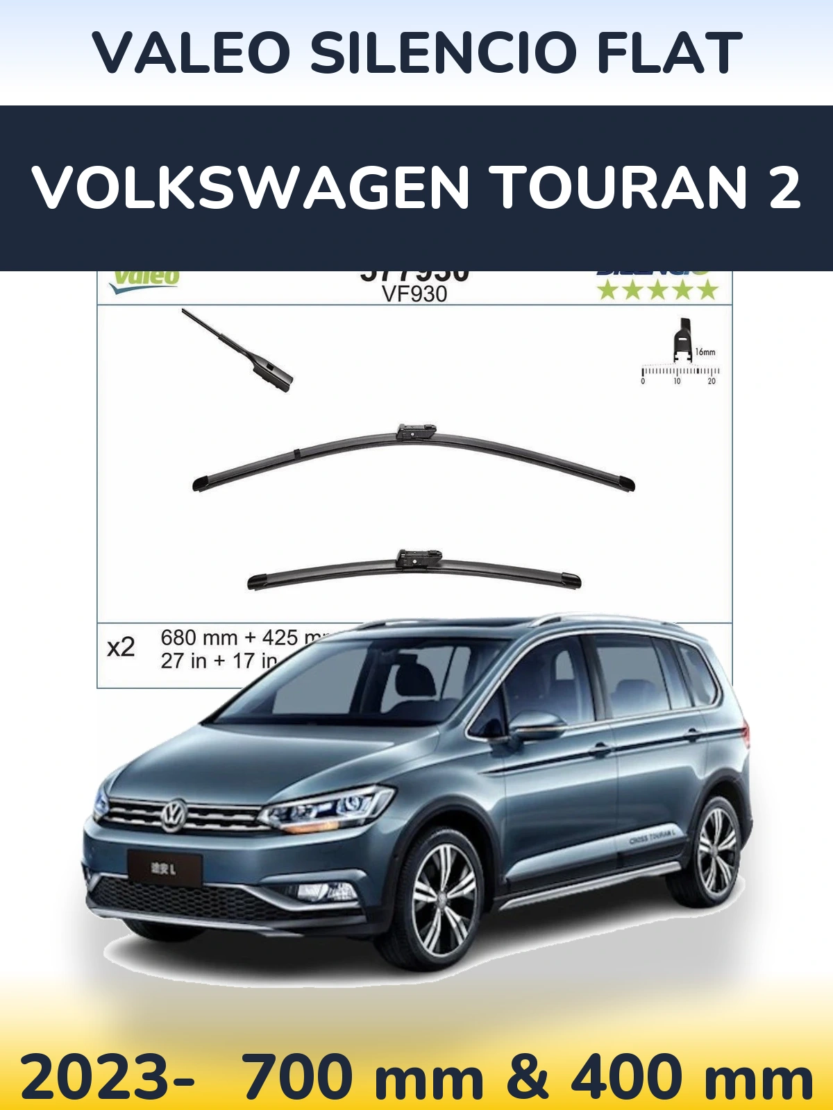 Front wiper blade set Valeo Silencio Flat 680 & 400 mm for Volkswagen Touran 2 2023-2026