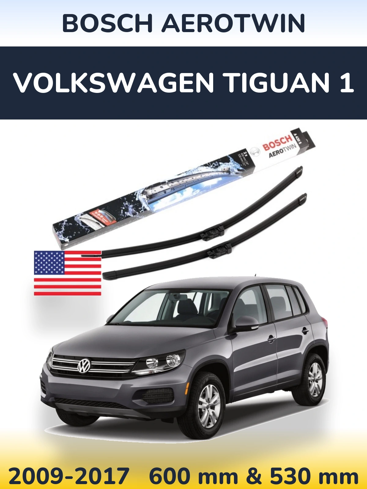 Front wiper blade set BOSCH AeroTwin 600 & 530 mm for Volkswagen Tiguan 1 2009-2017
