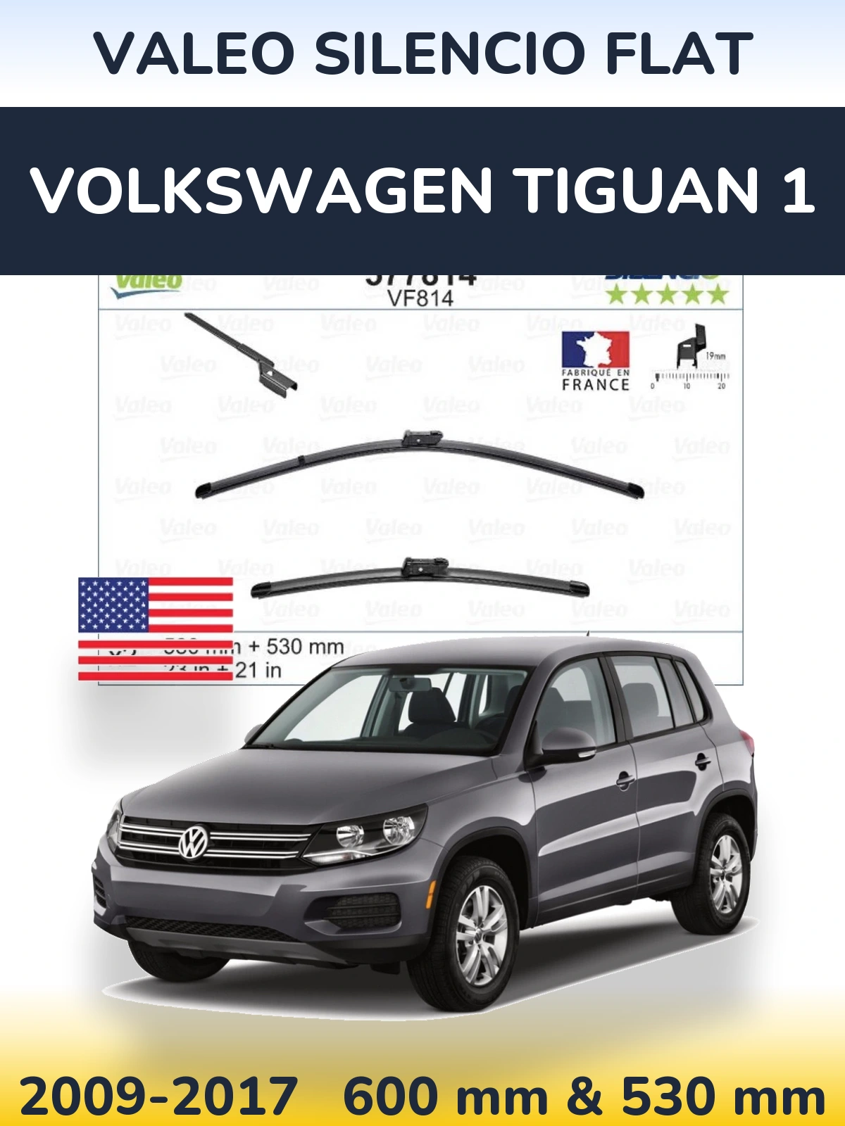 Front wiper blade set Valeo Silencio Flat 580 & 530 mm for Volkswagen Tiguan 1 2009-2017