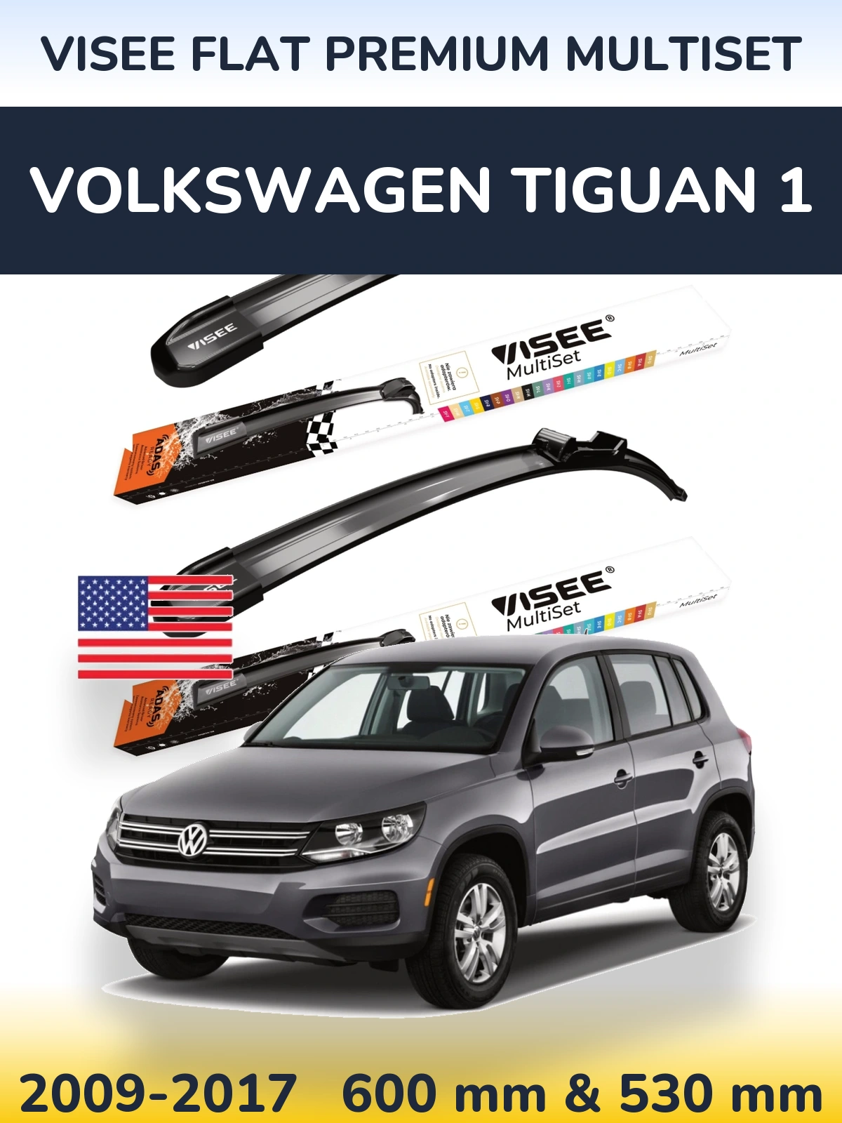 Front wiper blade set VISEE FLAT PREMIUM MultiSet 600 & 530 mm for Volkswagen Tiguan 1 2009-2017