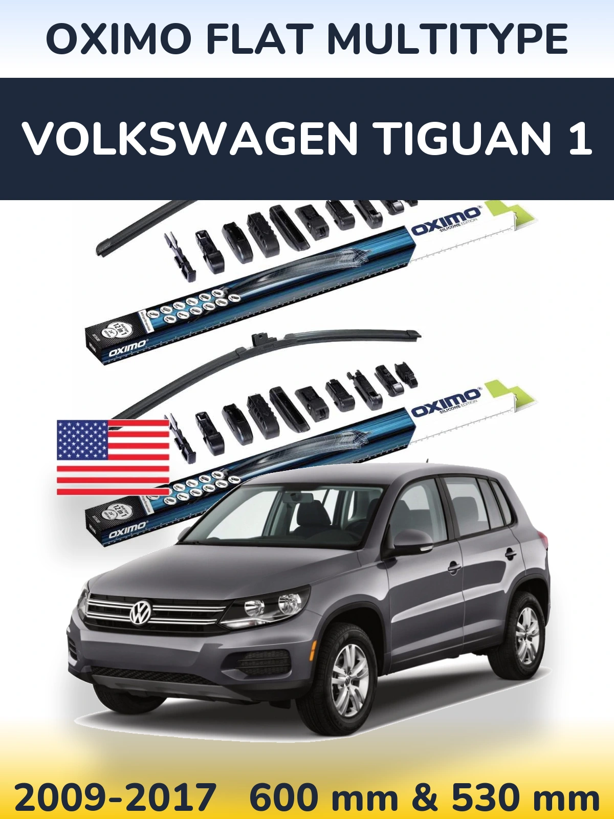 Front wiper blade set Oximo Flat MultiTypee 600 & 530 mm for Volkswagen Tiguan 1 2009-2017
