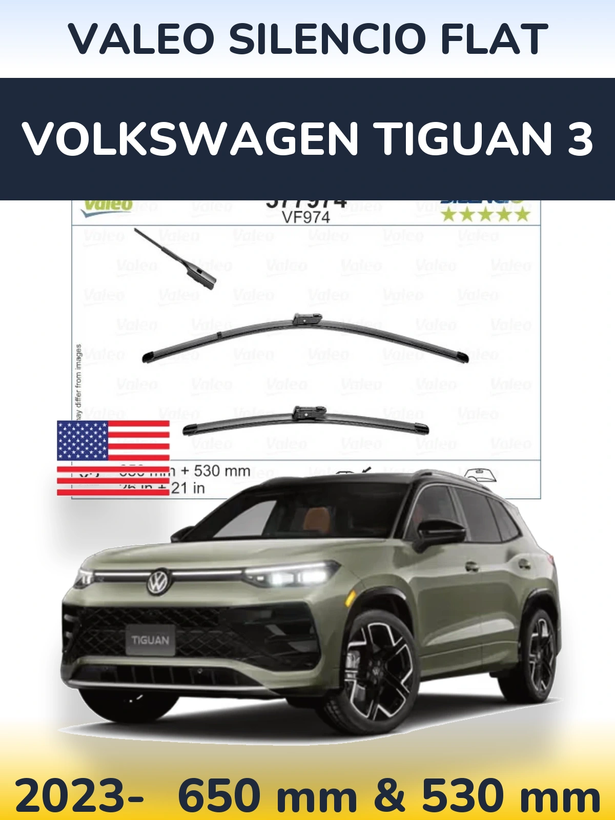 Front wiper blade set Valeo Silencio Flat 650 & 530 mm for Volkswagen Tiguan 3 2023-2026