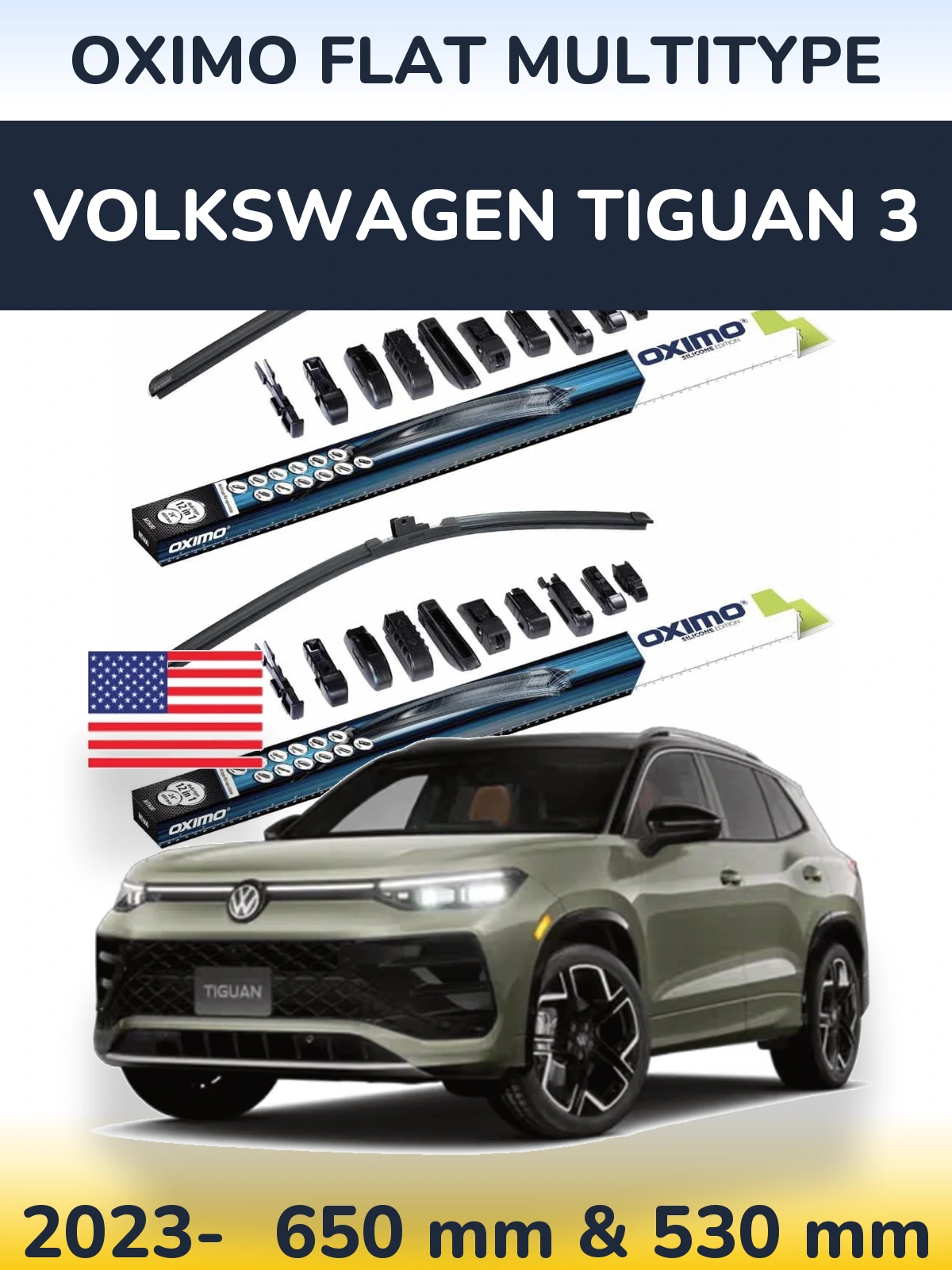 Front wiper blade set Oximo Flat MultiTypee 650 & 530 mm for Volkswagen Tiguan 3 2023-2026