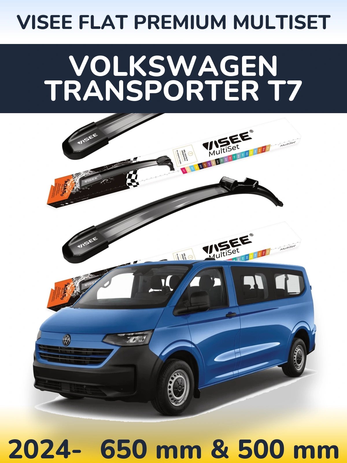 Front wiper blade set VISEE FLAT PREMIUM MultiSet 650 & 500 mm for Volkswagen Transporter T7 2024-2026