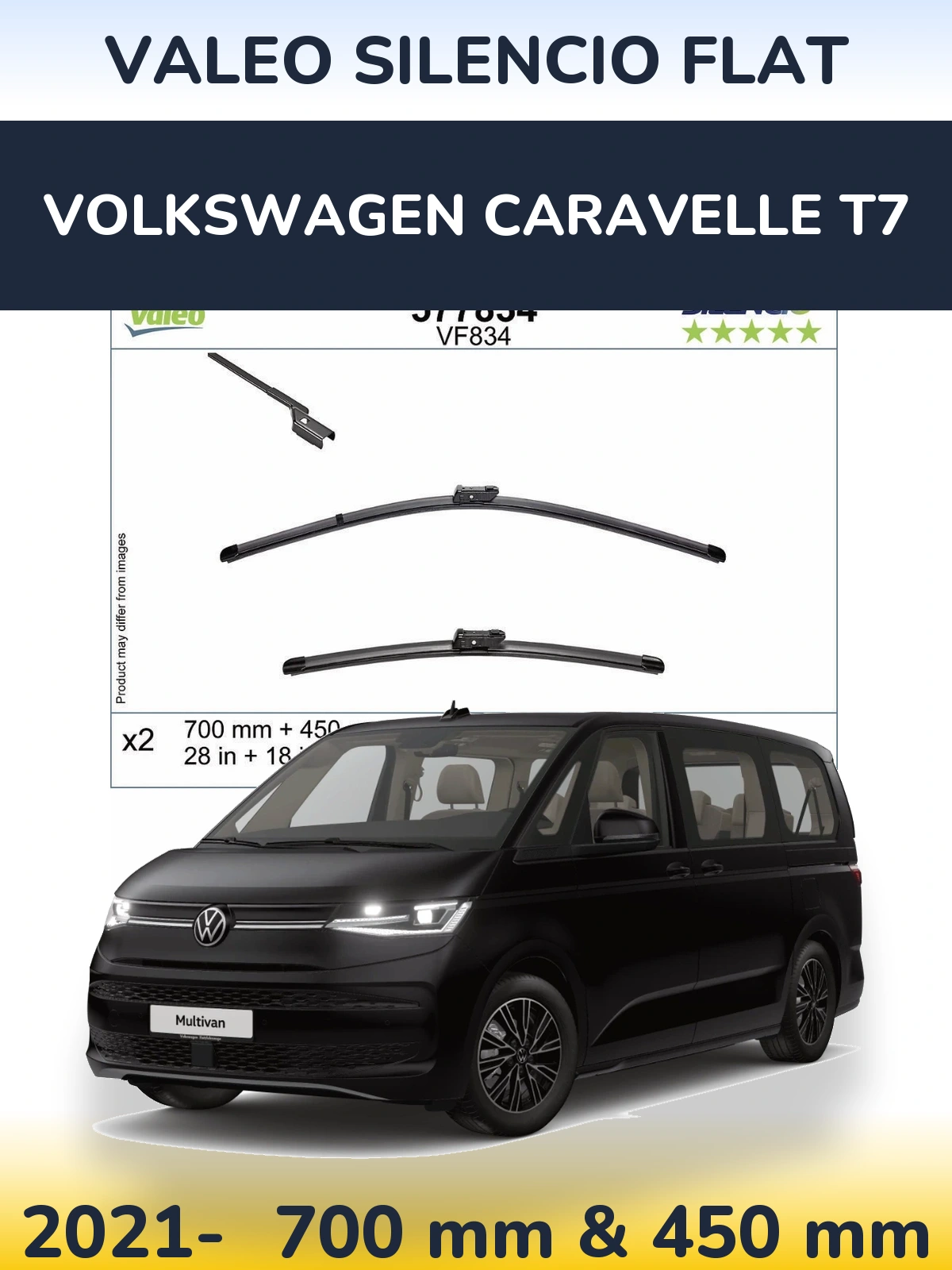 Комплект передніх щіток Valeo Silencio Flat 700 & 450 мм для Volkswagen Caravelle T7 2021-2026
