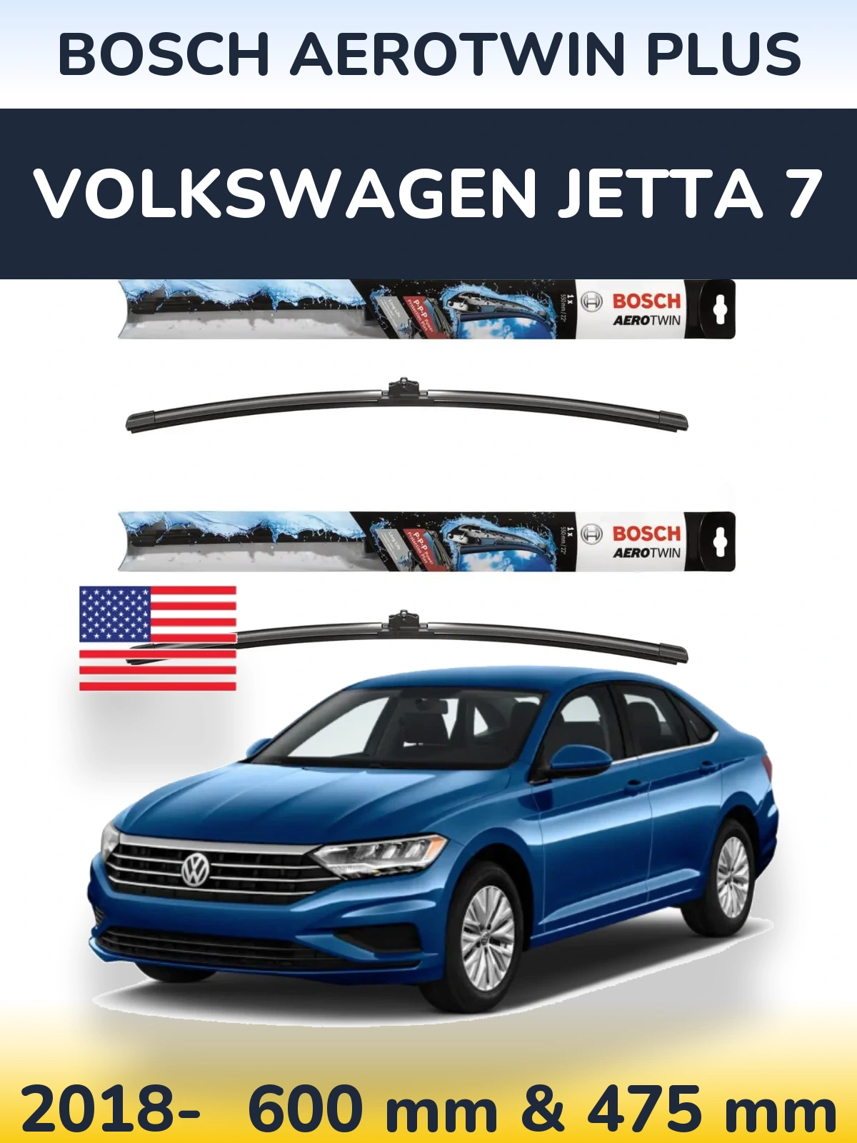Front wiper blade set BOSCH AeroTwin Plus 600 & 475 mm for Volkswagen Jetta 7 2018-2026