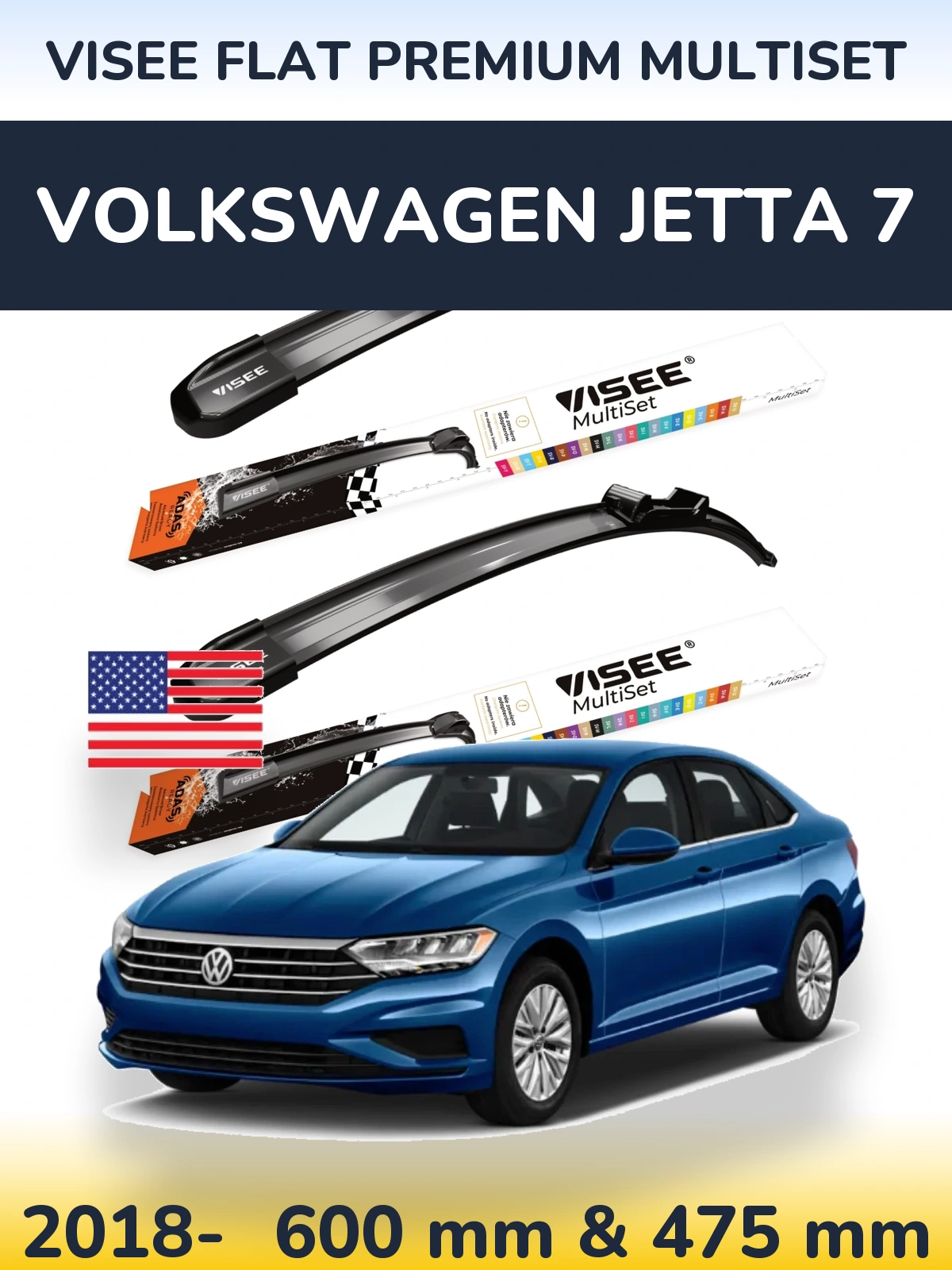 Комплект передних дворников VISEE FLAT PREMIUM MultiSet 600 & 475 мм для Volkswagen Jetta 7 2018-2026