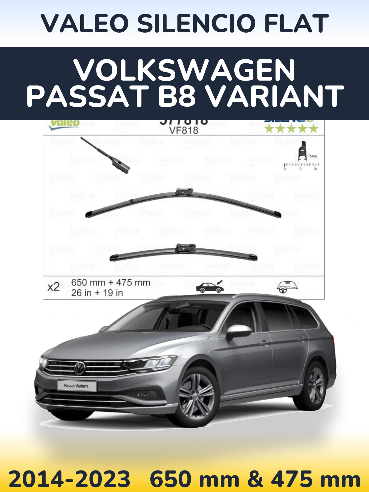 Front wiper blade set Valeo Silencio Flat 650 & 475 mm for Volkswagen Passat B8 Variant 2014-2023