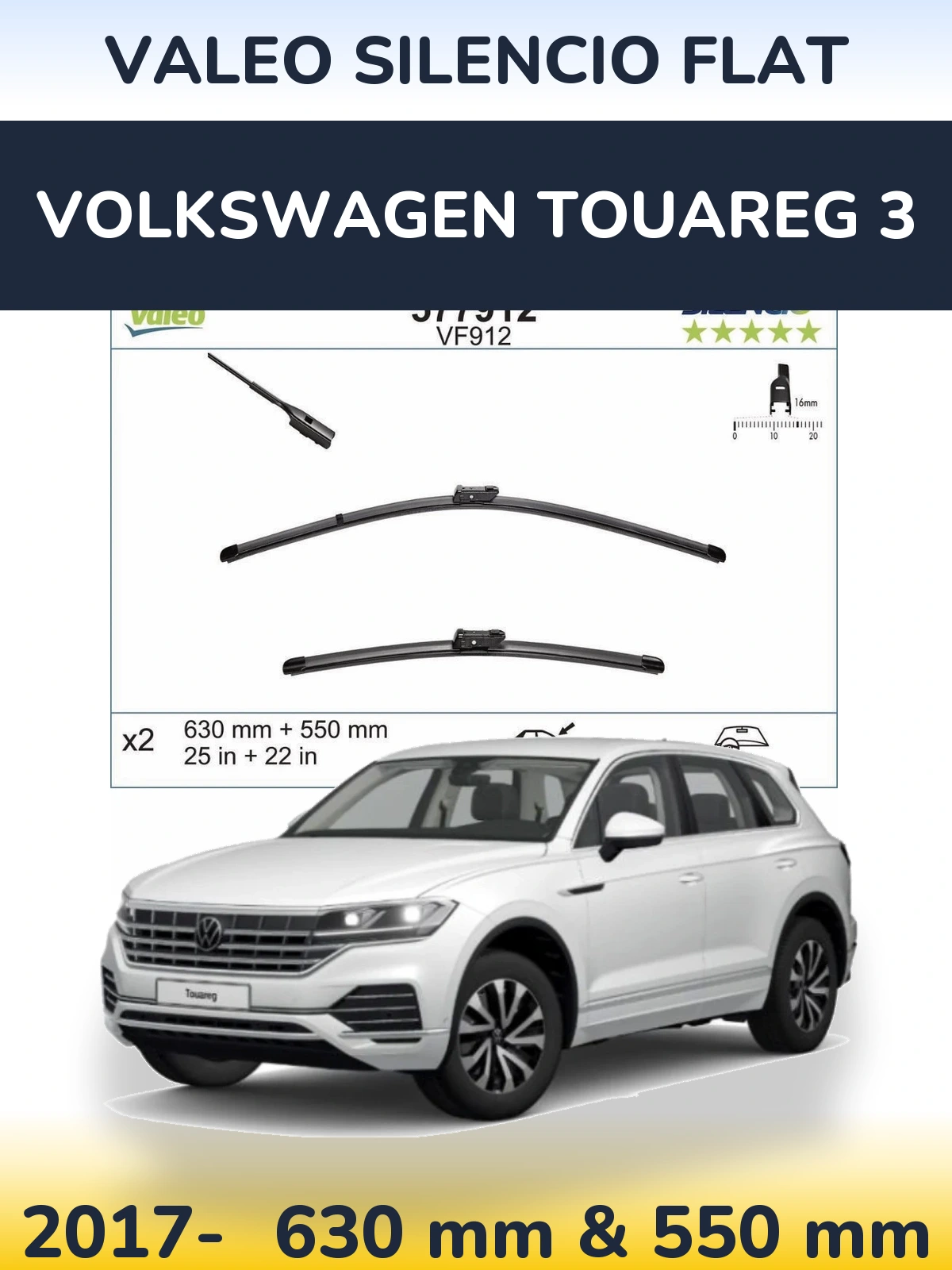 Front wiper blade set Valeo Silencio Flat 630 & 550 mm for Volkswagen Touareg 3 2017-2026
