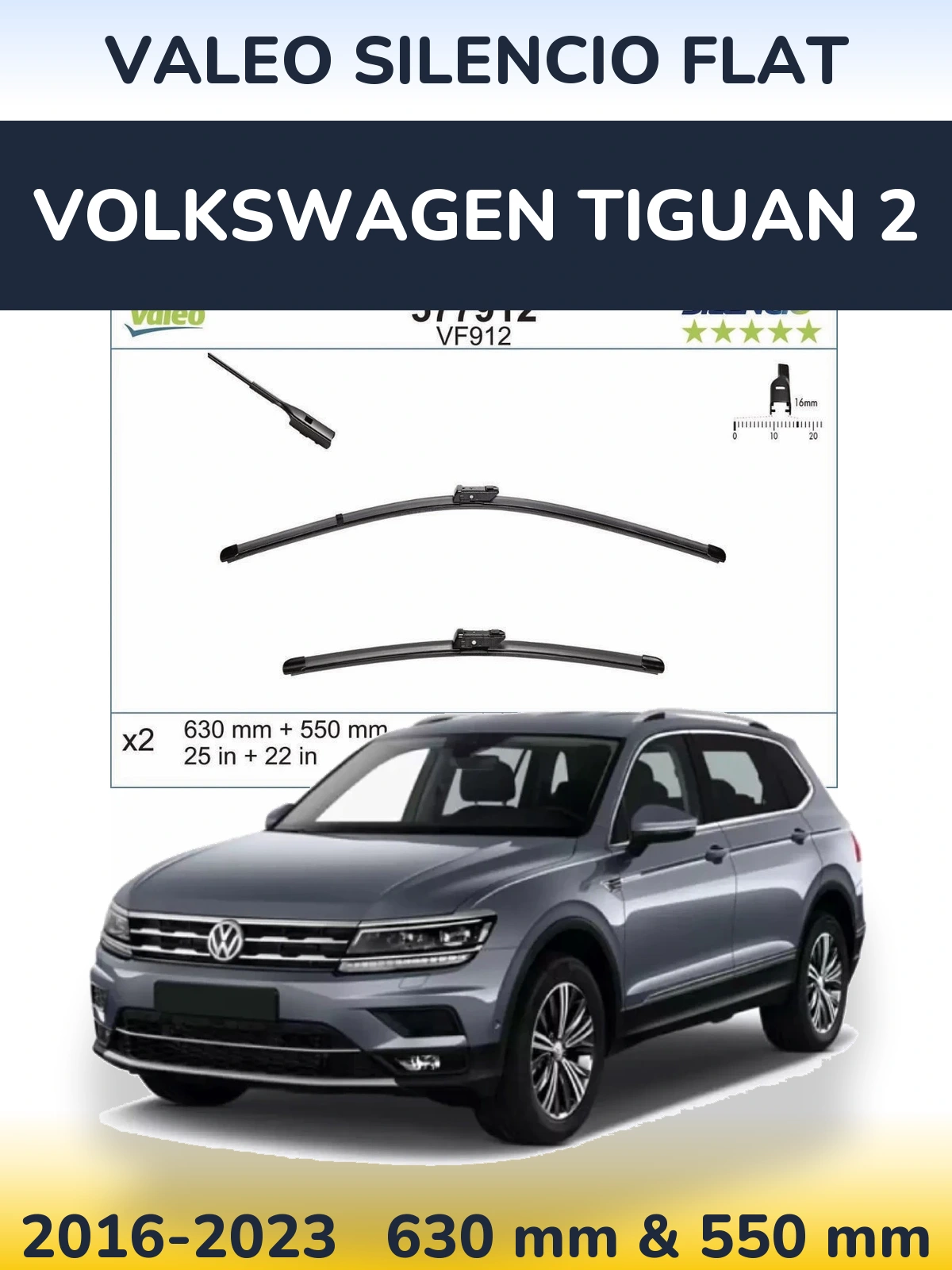 Front wiper blade set Valeo Silencio Flat 630 & 550 mm for Volkswagen Tiguan 2 2016-2023