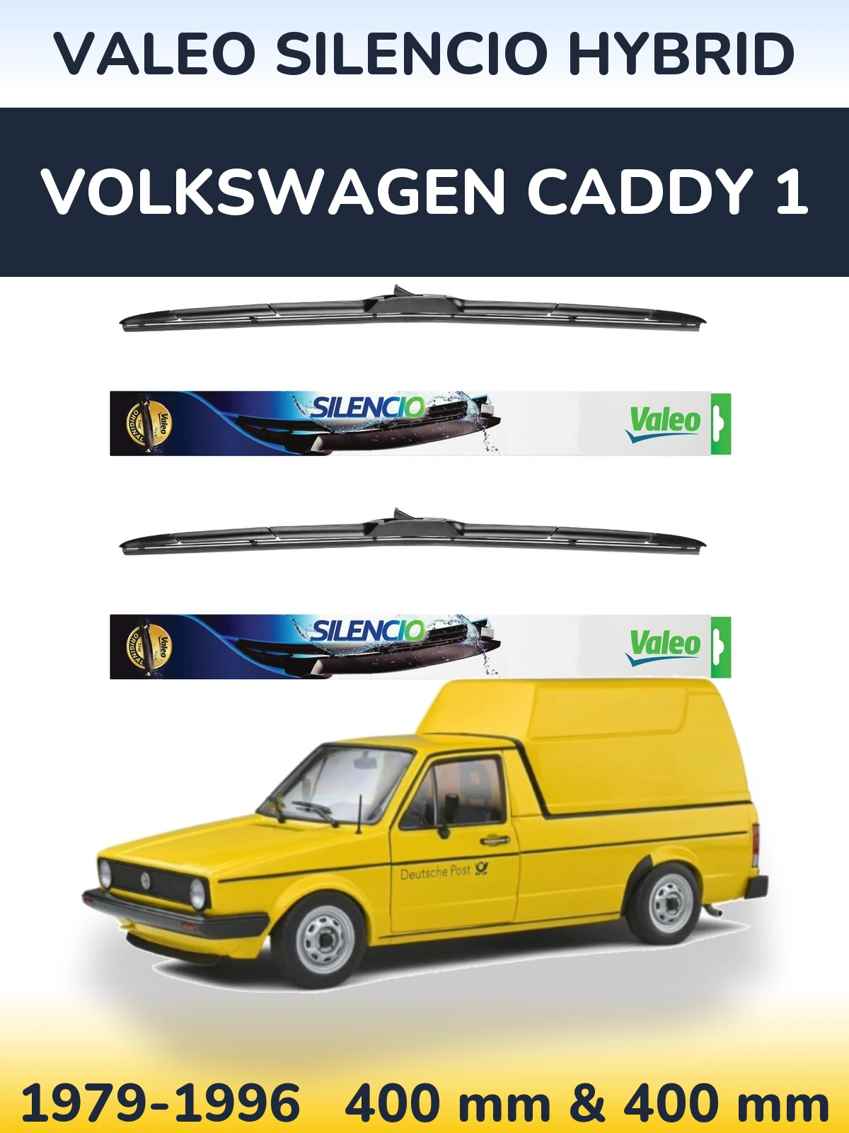 Front wiper blade set Valeo Silencio Hybrid 400 & 400 mm for Volkswagen Caddy 1 1979-1996