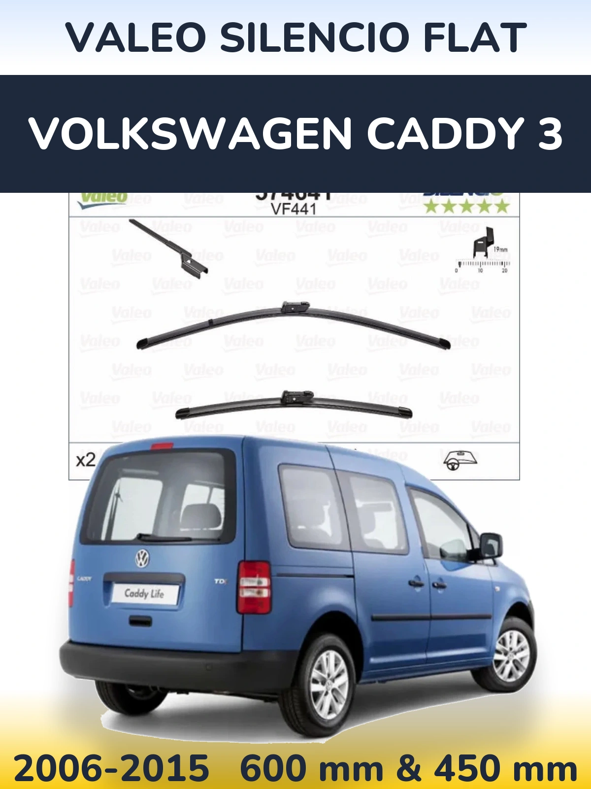 Front wiper blade set Valeo Silencio Flat 600 & 450 mm for Volkswagen Caddy 3 2006-2015