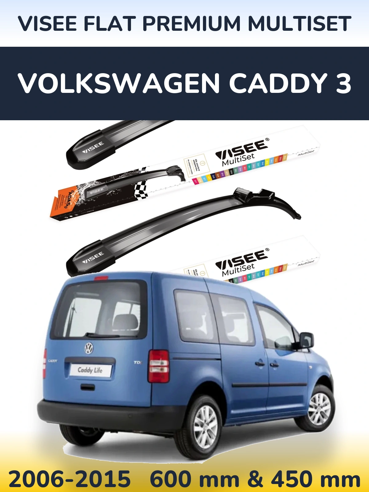Front wiper blade set VISEE FLAT PREMIUM MultiSet 600 & 450 mm for Volkswagen Caddy 3 2006-2015