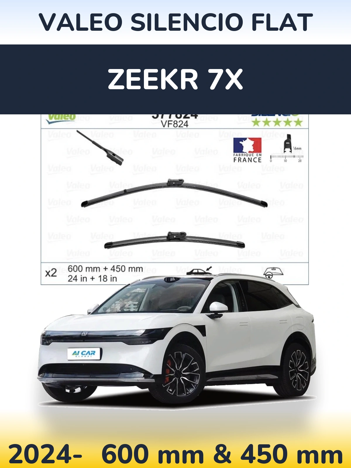 Front wiper blade set Valeo Silencio Flat 600 & 450 mm for Zeekr 7X 2024-2026