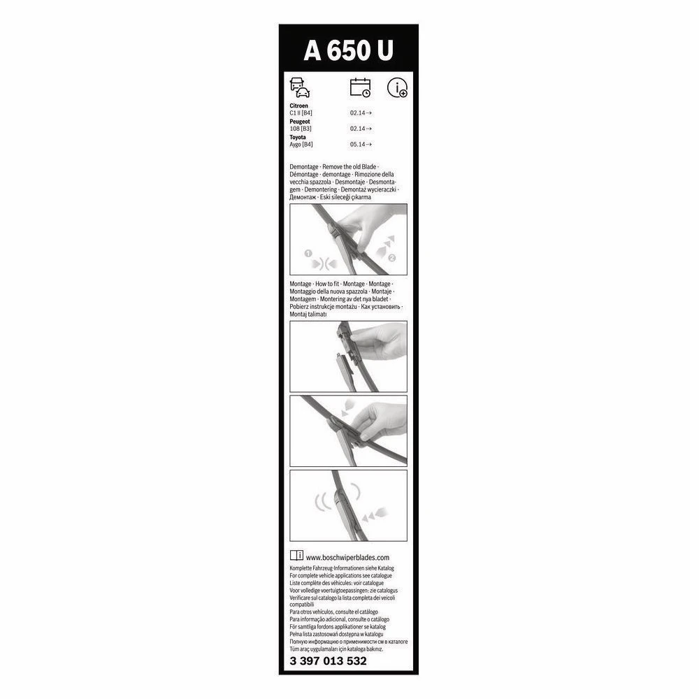 Front wiper blade BOSCH AeroTwin 650 mm for Citroen C1 2014-2022