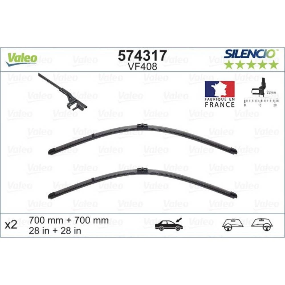 Front wiper blade set Valeo Silencio Flat 700 & 700 mm for Volkswagen Touran 1 2006-2010
