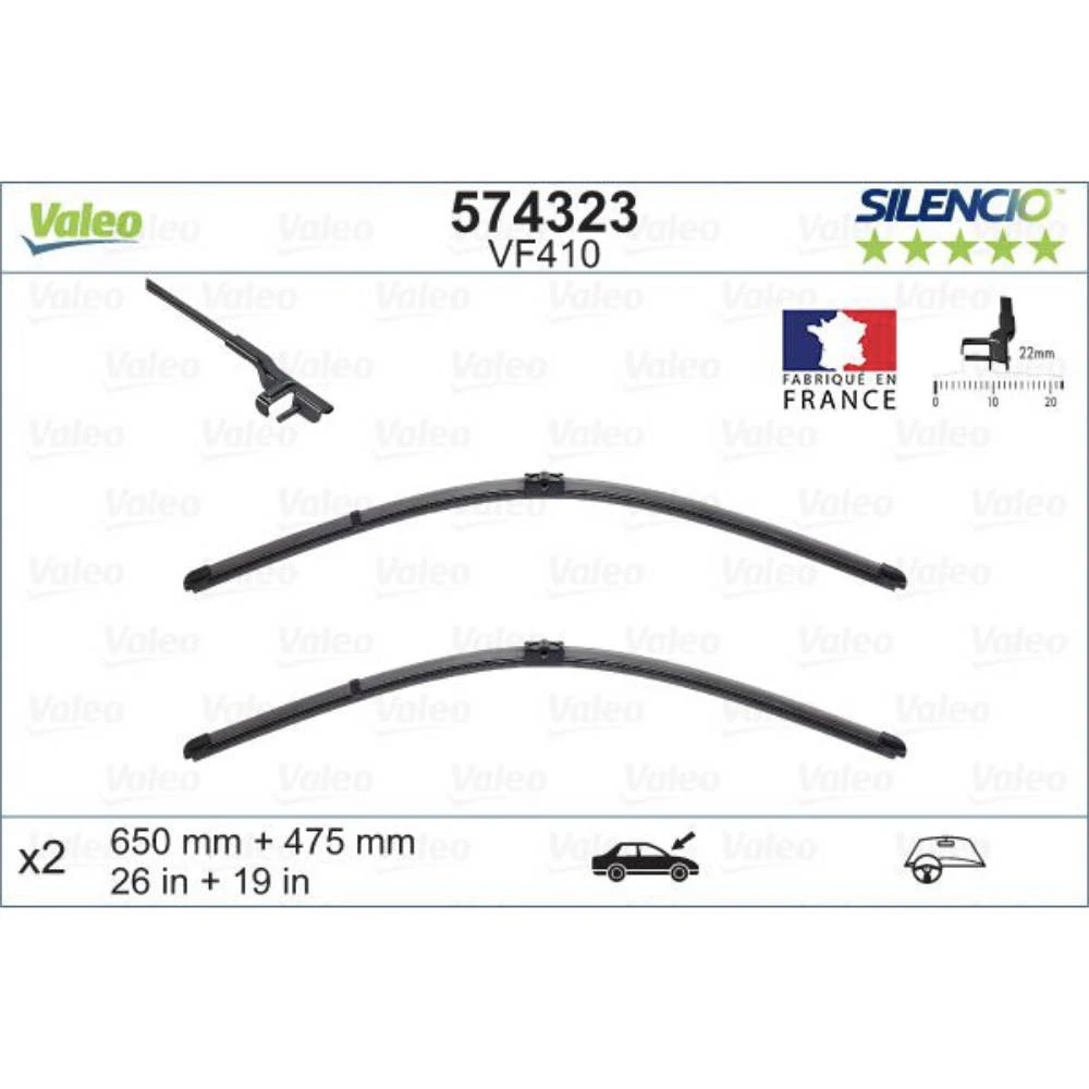 Front wiper blade set Valeo Silencio Flat 650 & 475 mm for Ford Focus C-MAX 2003-2010
