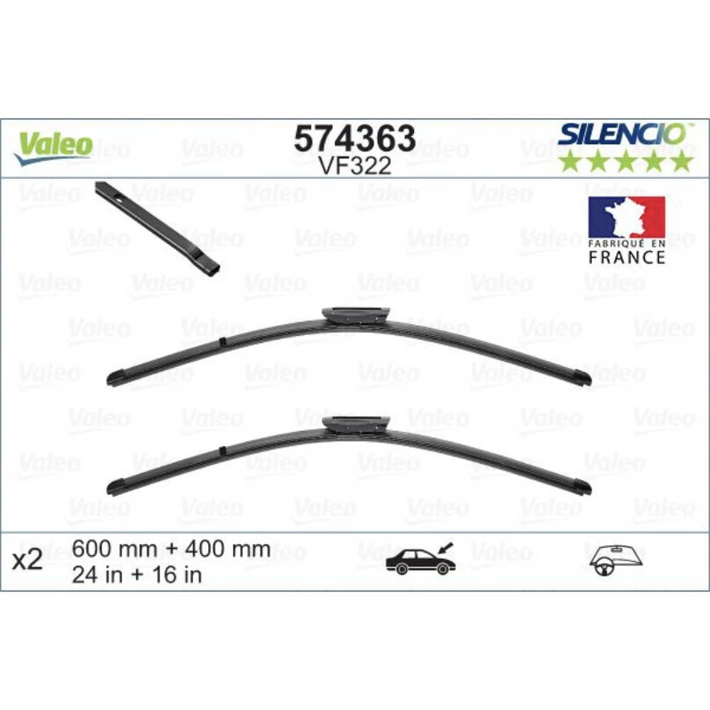 Front wiper blade set Valeo Silencio Flat 600 & 400 mm for Renault Fluence 2009-2020