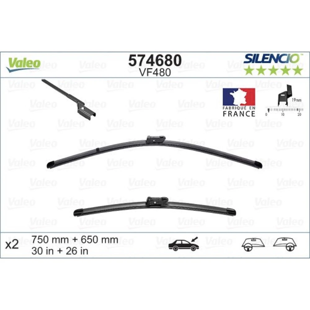 Front wiper blade set Valeo Silencio Flat 750 & 650 mm for Citroen C4 2012-2020