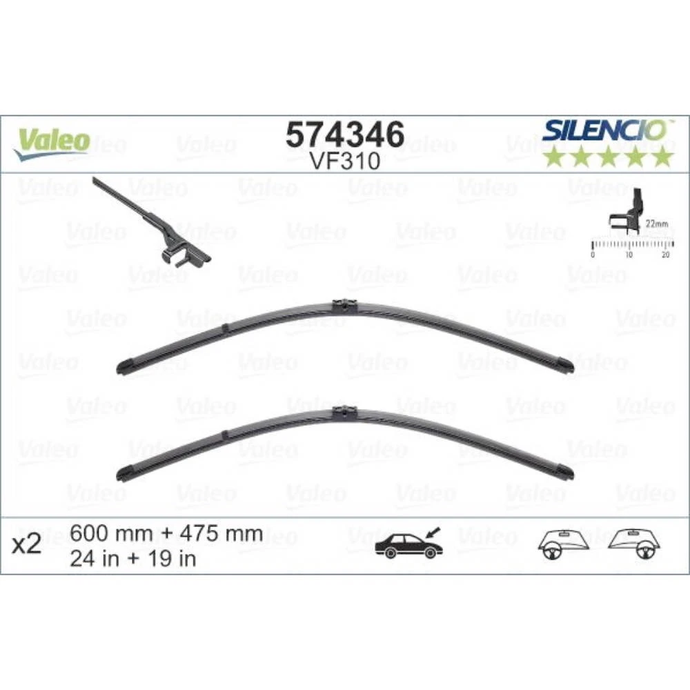 Front wiper blade set Valeo Silencio Flat 600 & 475 mm for Skoda Octavia 2 2004-2013