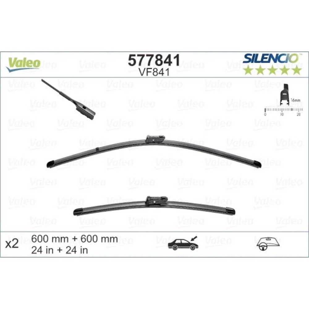 Front wiper blade set Valeo Silencio Flat 600 & 600 mm for Volkswagen Transporter T6 2015-2024